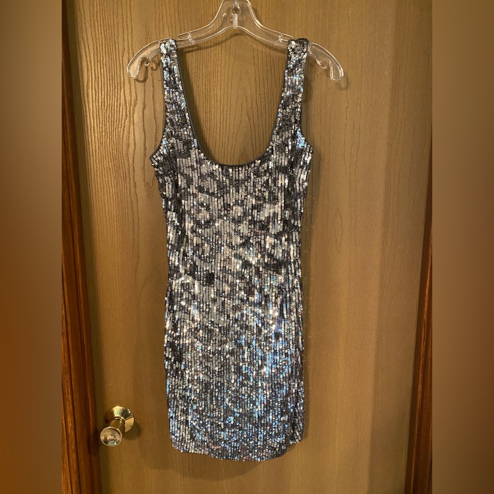 bebe, mutli silver metallic sequin tank dress